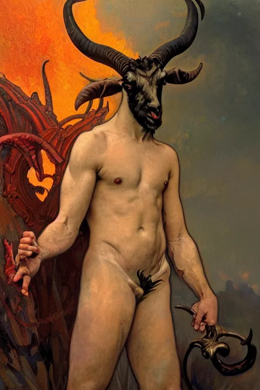 Image similar to portrait of a beautiful young fit male demon with ram horns, scaly torso, goat legs, hellish scene, by greg rutkowski and alphonse mucha, d & d character, gradient red to yellow, in front of an hellish landscape background, highly detailed portrait, digital painting, artstation, concept art, smooth, sharp focus ilustration, artstation hq