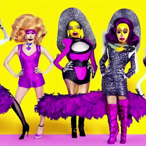 Image similar to minions competing on ru Paul’s drag race