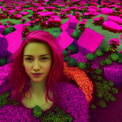 Image similar to group young ladies lost in a giant flower garden, pinks, gold in the style of cyberpunk glitch painting, octane render, 8k