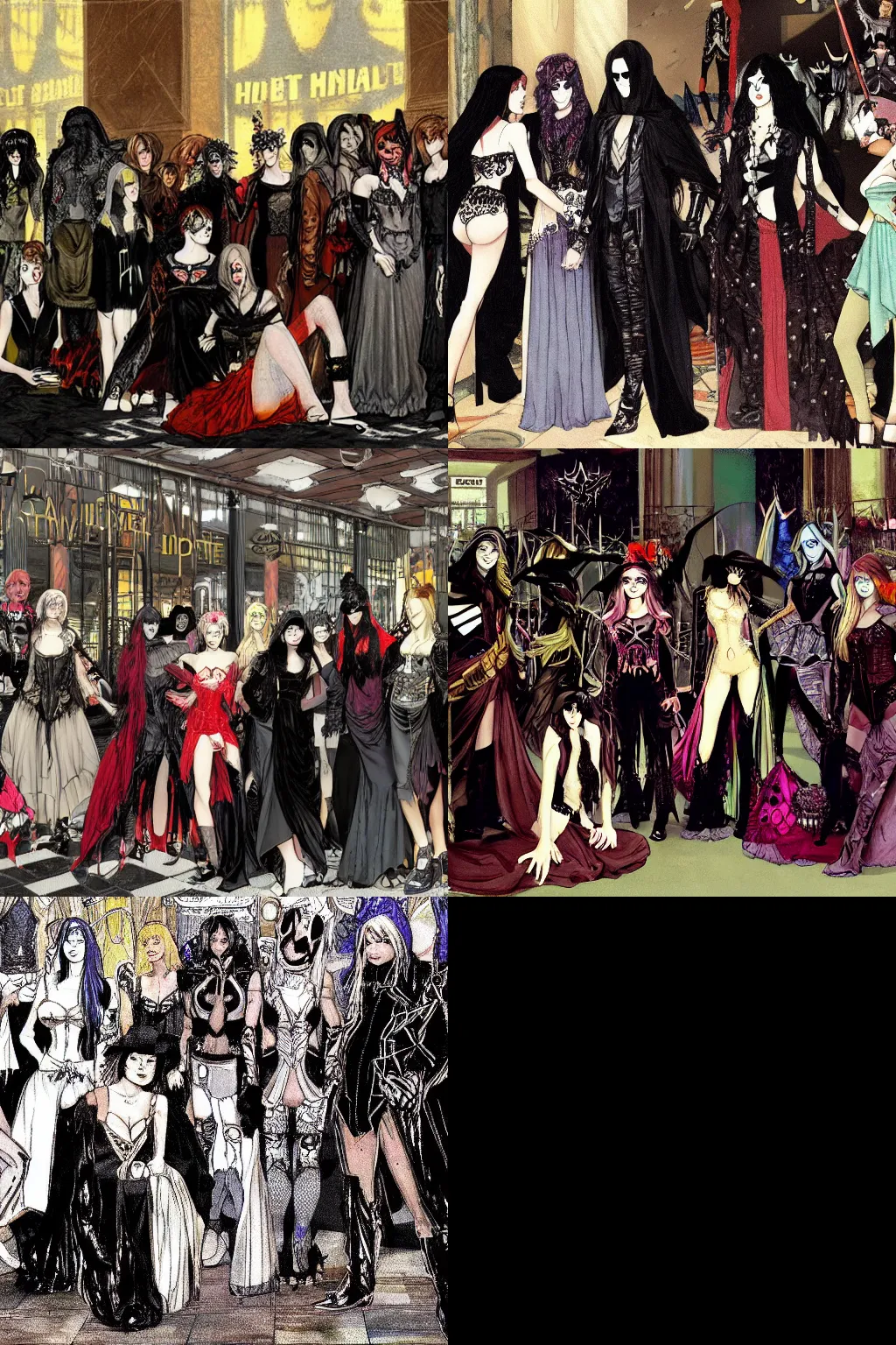 Prompt: a bunch of mallgoths hanging out at a hot topic store in the mall. hd art by edwin austin abbey