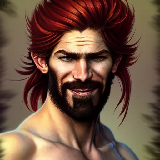 Prompt: portrait of a young ruggedly handsome but joyful pirate, male, masculine, upper body, red crimson crimson hair, long long flowing hair, fantasy, very smug smirk, intricate, elegant, highly detailed, digital painting, artstation, concept art, matte, sharp focus, illustration, art by artgerm and greg rutkowski and alphonse mucha