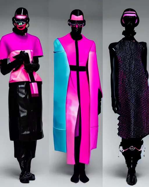 Prompt: a fashion photograph for Balenciaga's cyberpunk Bladerunner 2049 fashion line, dazzle camouflage, dayglo pink, dayglo blue, pearlescent white, raven black