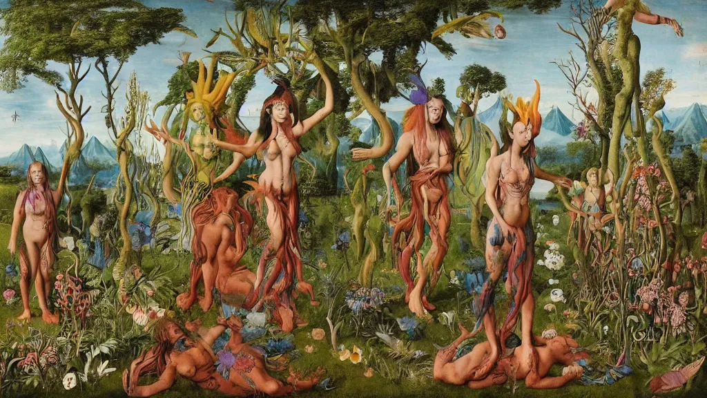 Prompt: a photograph of a meditating centaur shaman and a harpy mermaid mutating into beautiful aliens. surrounded by bulbous flowers and a few trees. river delta with mountains under a blue sky full of burning stars and birds. painted by jan van eyck, max ernst, ernst haeckel, ernst fuchs and artgerm. trending on artstation