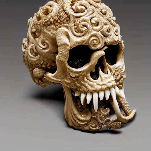 Image similar to an intricately detailed carving in an human - octopus skull, rococo ornate bone and ivory sculpted skull with teeth and tentacles, horror, artifact, micro detailed, inscribed with occult symbols, otherworldly