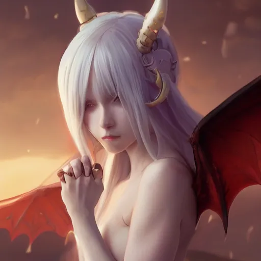 Prompt: a beautiful anime girl wtih demon horns and bat wings,white hair,full body,matte painting,by Greg Rutkowski and Ilya Kuvshinov and Alphonse Maria Mucha and Matsumoto Taiyou,super clear details,hyper realistic,trending on artstation,8k