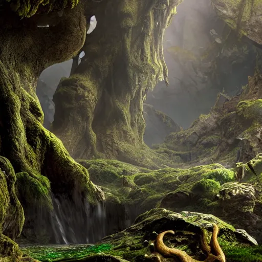 Image similar to yggdrasil in a deep mossy cavern, cinematic, ffxiv, very realistic, very detailed, hyperrealistic, octane render, high resolution, god rays, landscape, wide shot,