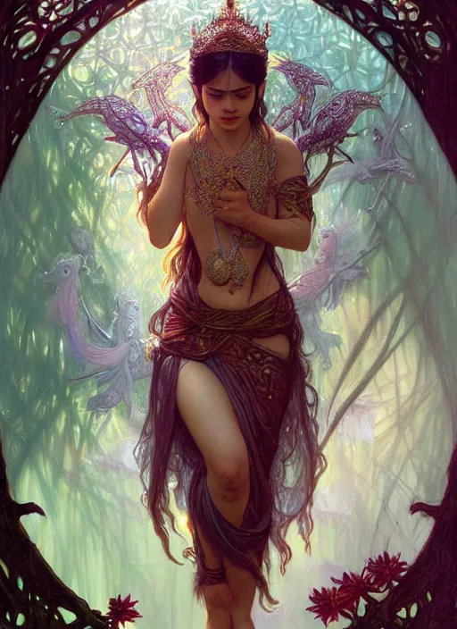 Image similar to kuntilanak on tree, d & d, wet, shiny, fantasy, intricate, elegant, higly detailed, dramatically art, ultra definition, digital painting, artstation, concept art, smooth, sharp focus, illustration, art by artgerm and greg rutkowski and alphonse mucha and garis edelweiss and kharisma jati