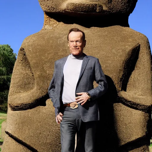 Image similar to an hd 4 k photo, of bryan cranston posing next to a moai statue