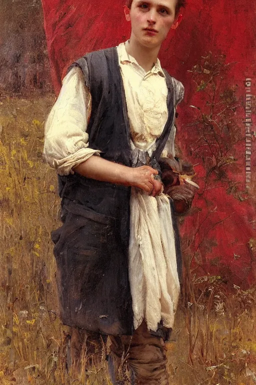 Prompt: Solomon Joseph Solomon and Richard Schmid and Jeremy Lipking victorian genre painting full length portrait painting of a young peasant working in the field, red background