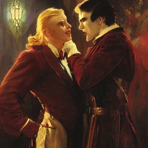 Image similar to attractive male, arthur pendragon confesses his love to attractive male dracula the vampire. highly detailed painting by gaston bussiere, craig mullins, j. c. leyendecker 8 k