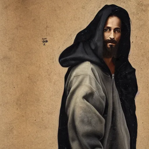 Image similar to a full body portrait of modern day jesus wearing jerry lorenzo streetwear hoodie and pants by nicola samori, oil painting, smudges, realistic, 8 k, adidas sneakers style