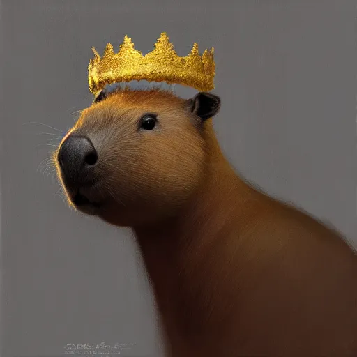 Image similar to detailed photorealistic painting of a capybara wearing a detailed ornamented golden crown sharp focus in the style of ruan jia, Mandy jurgens, cinematic light, concept art, trending on artstation, ultra realistic