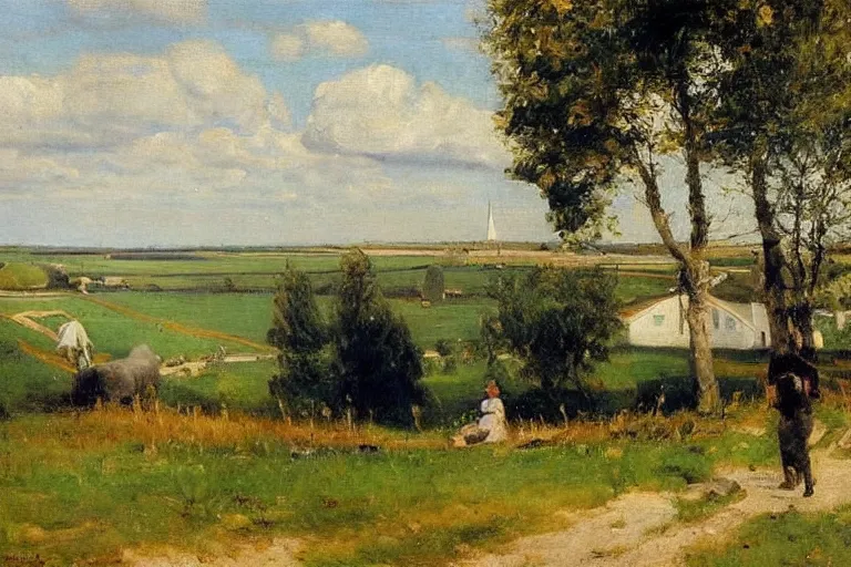 Prompt: P.S. Krøyer painting of idyllic danish rural landscape