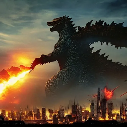 Image similar to photograph of Godzilla destroying a futuristic city, military helicopters in the sky, smoke and destruction, highly detailed, cinematic, photorealistic