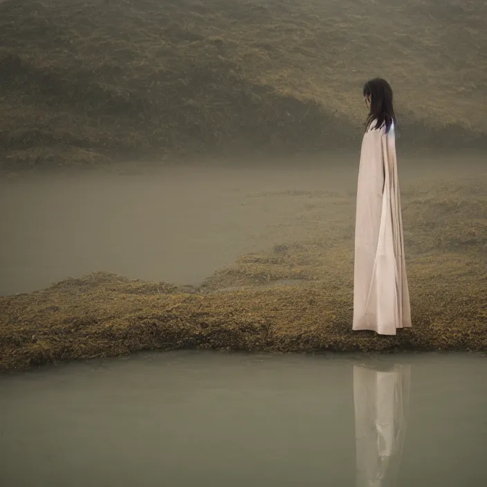 Image similar to a woman, standing in shallow endless water, foggy, backlit, wearing amazing clothes, backlit, photo by Marat Safin, Canon EOS R3, f/1.4, ISO 200, 1/160s, 8K, RAW, unedited, symmetrical balance, in-frame