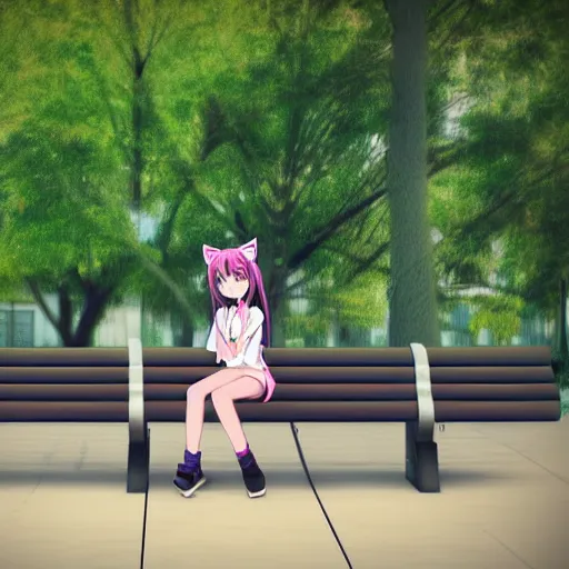 Prompt: 3 d photo of an anime girl with cat ears and long hair looking to her side, sitting on a bench with a park behind her, bokeh, shader, anime art style, highly detailed, cel - shaded, colorful, animated, trending