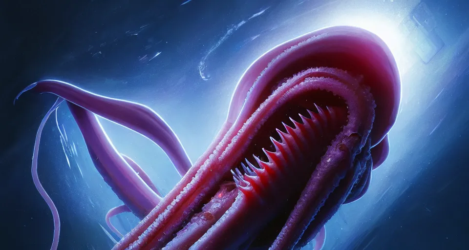 Prompt: A wide shot of a squid with sharp translucent teeth in space art by Maciej Kuciara and Jason Chan, ominous, cosmic horror, trending on artstation, Ultra detailed, hyper realistic, telephoto lens 4k