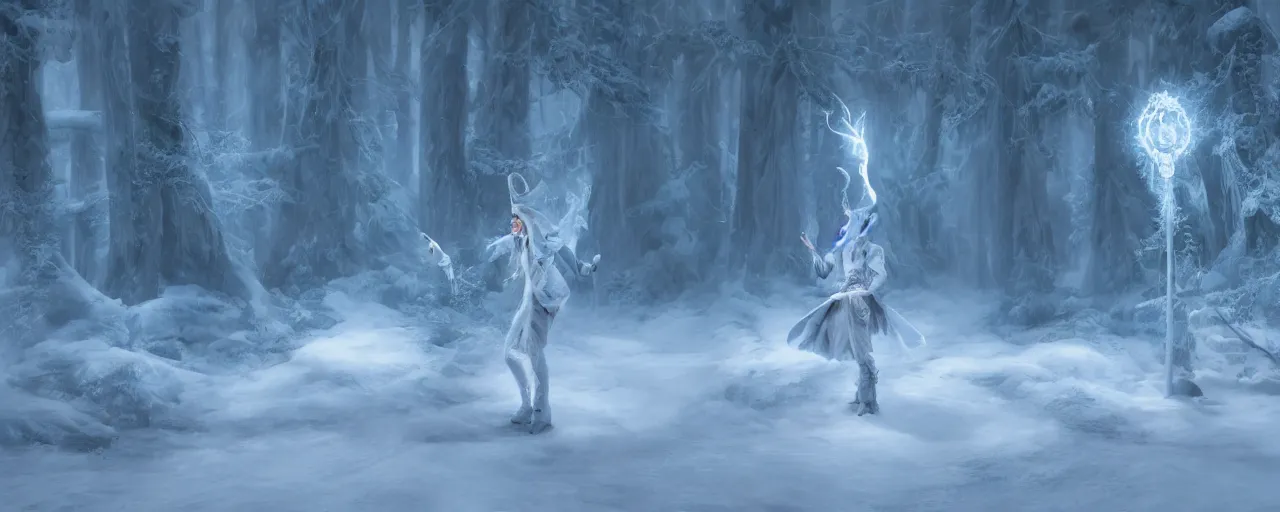 Image similar to ice wizard casting a freeze spell in a snowy forest, rococo inspired clothes, dramatic lighting, zbrush, concept art, 4K