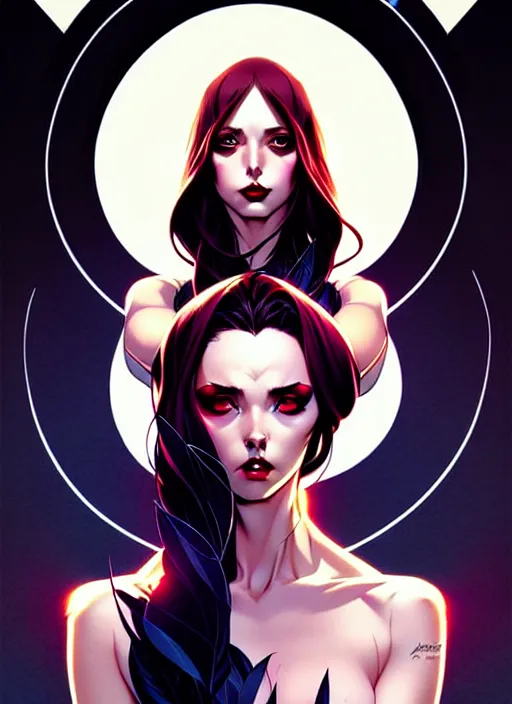 Image similar to artgerm, joshua middleton comic cover art, full body pretty kacey rohl vampire, symmetrical eyes, symmetrical face, long curly black hair, dark castle background background, cinematic lighting