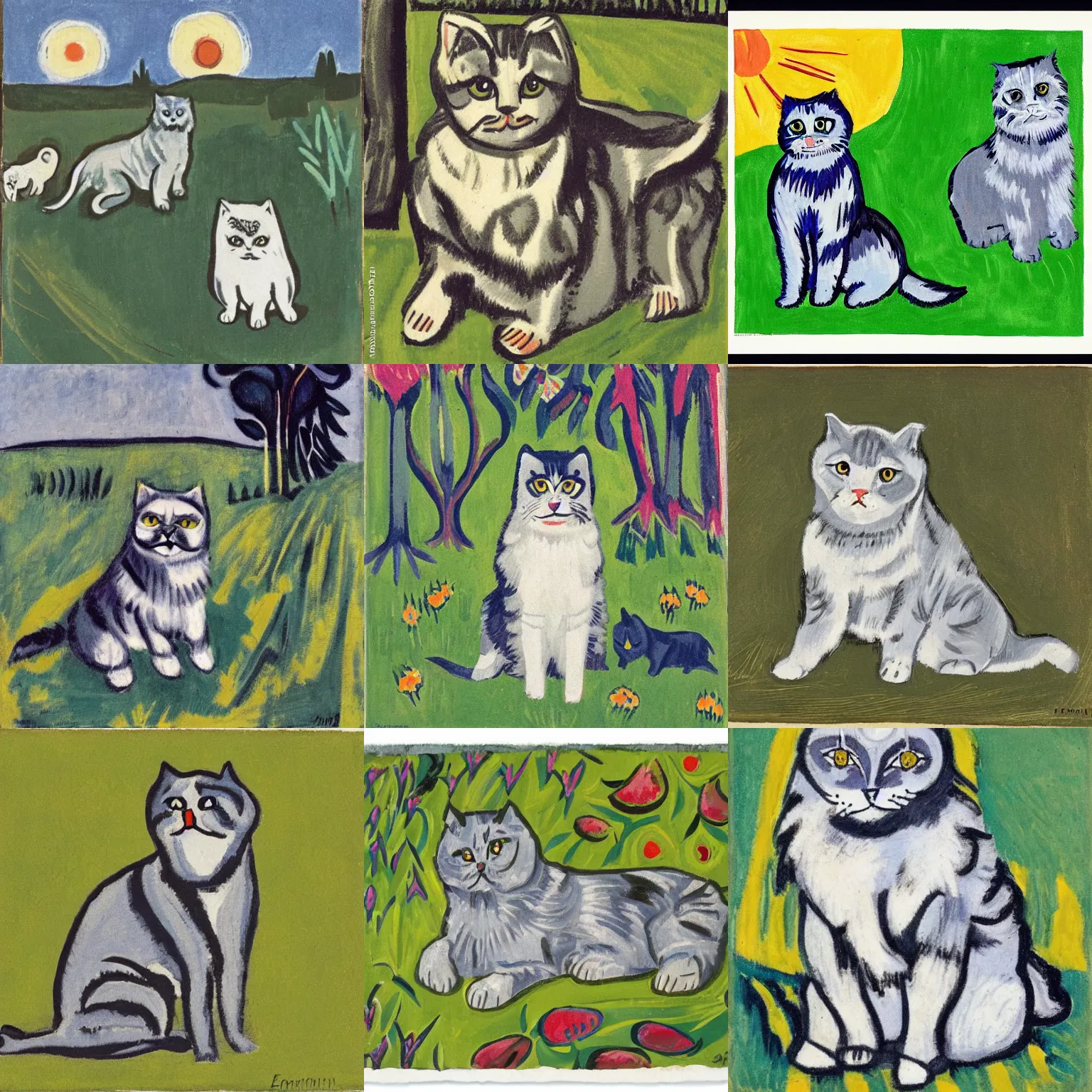 Prompt: a gray scottish fold sitting in the middle of sunny meadow, by ernst ludwig kirchner