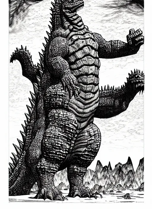 Prompt: godzilla as a d & d monster, full body, pen - and - ink illustration, etching, by russ nicholson, david a trampier, larry elmore, 1 9 8 1, hq scan, intricate details, stylized border