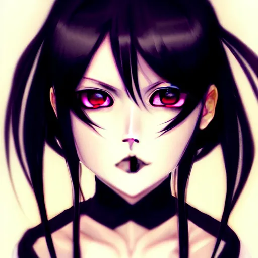 Image similar to front-facing headshot of a young gothic anime woman with black hair and golden highlights, wearing pretty makeup, drawn by WLOP, by Avetetsuya Studios, anime portrait, trending on artstation