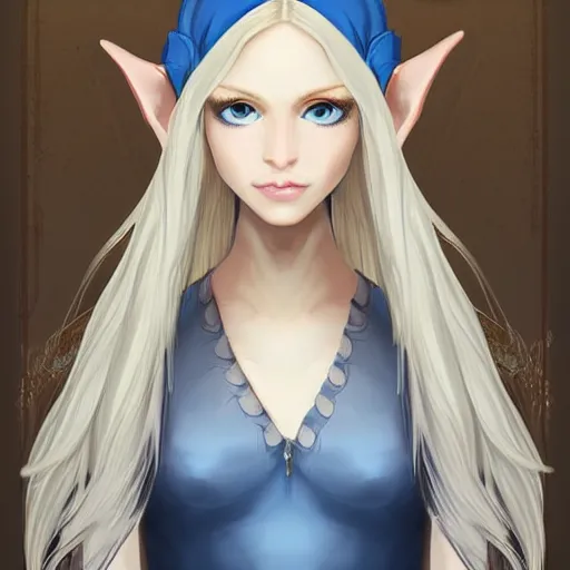 Image similar to portrait, 30 years old women :: fantasy elf, small ears :: bright blue eyes, long straight blonde hair, flower in hair :: attractive, symmetric face :: brown medieval cloting, natural materials :: high detail, digital art, RPG, concept art, illustration