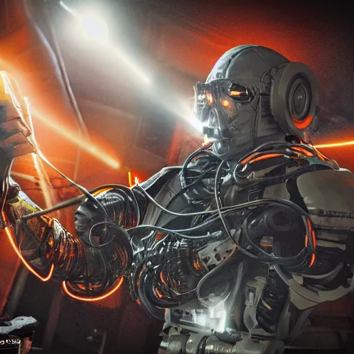 Image similar to cyborg with gatlinger gun hands, tangles of metallic cables, dark messy smoke - filled cluttered workshop, dark, dramatic lighting, orange tint, sparks, plasma charges, cinematic, highly detailed, sci - fi, futuristic, movie still