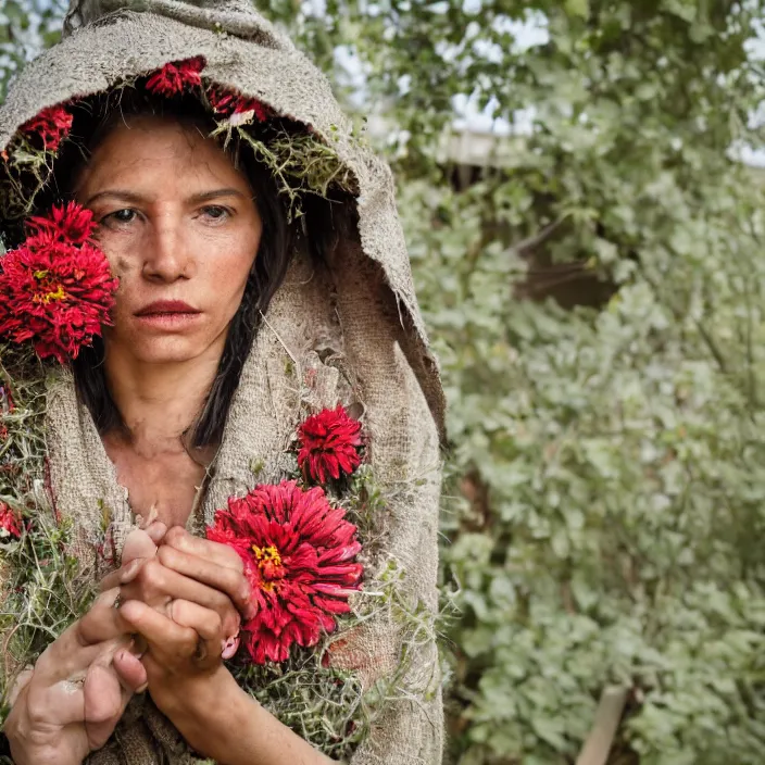 Image similar to a closeup portrait of a woman wearing a hooded cloak made of zinnias and barbed wire, in a derelict house, by Manny Librodo, natural light, detailed face, CANON Eos C300, ƒ1.8, 35mm, 8K, medium-format print