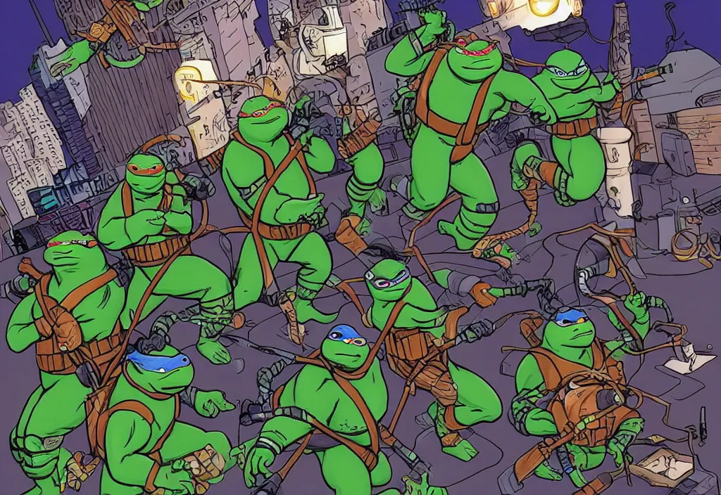 Prompt: the ghostbusters meet the ninja turtles