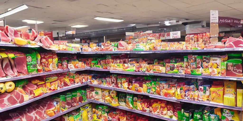 Image similar to inside a supermarket, fridges with ham