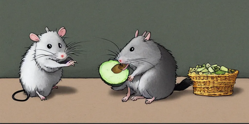 Prompt: gray, fluffy rat eating avocado, in the style of studio Ghibli  -H 1024