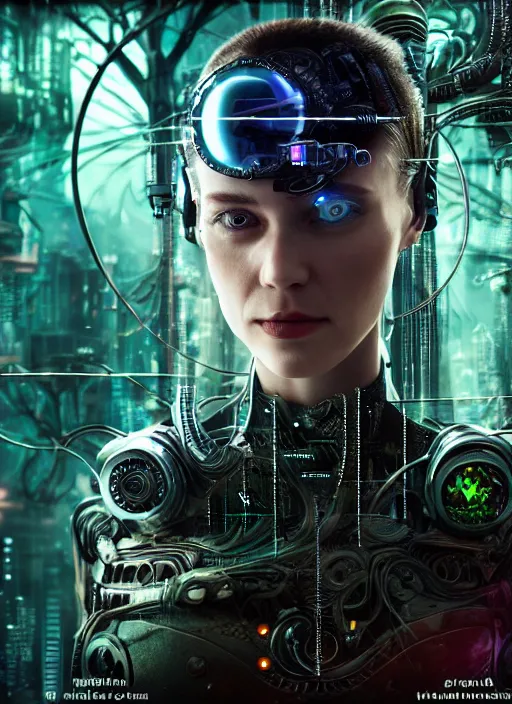 Image similar to 35mm portrait of complex, sophisticated and intricate 7 of 9 borg with eye implant, on the background of a weird magical mechanical forest. Round gears visible inside her hear. Very detailed 8k. Fantasy cyberpunk horror. Sharp. Cinematic post-processing