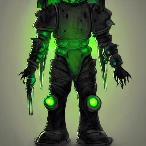 Image similar to sci - fi plague doctor power armor, inhumanly tall, inhumanly thin, black plate clawed hands, plague doctor mask, green glow eyes, green glowing trim, focused, plague, heavy armor, illustration, award winning, digital art, trending on artstation, incredible, highly detailed, fantasy, sci - fi