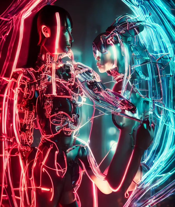 Image similar to full body portrait photo of japanese model cyborg with digital led skin, neon lighting, techno neon projector background, portrait photo, intricate details, ultra realistic, unreal engine 5, depth of field, bokeh, octane render, 8 k hd