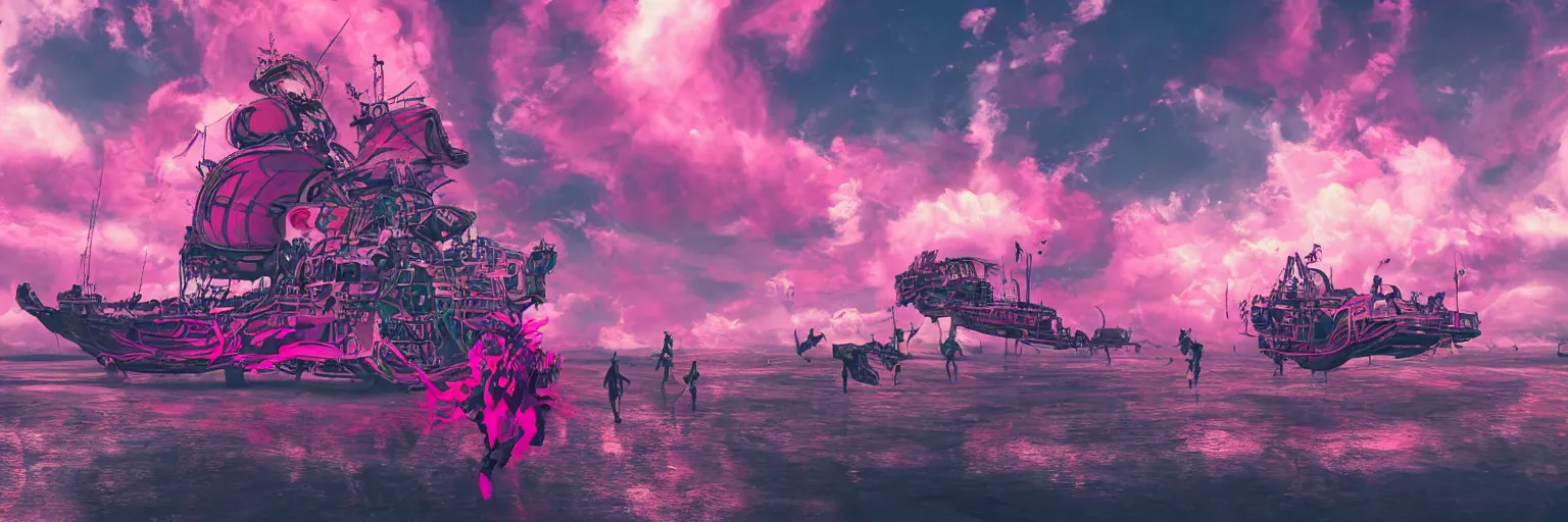 Prompt: space, dog, run, pirate neon ship with punks on board, mohawks, neon, oil painting, pink, rich deep colors masterpiece, ultra detailed, contrast, heaven pink, lots of roman arches, punk rock with mohawks, clouds, sky, volumetric light, atmospheric lighting, dramatic, cinematic, moody, octane render 4 k, 8 k