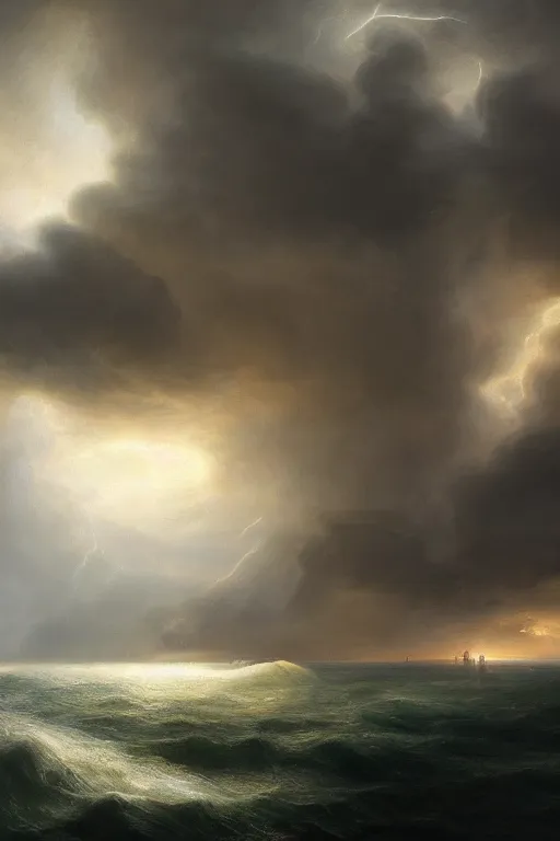 Prompt: the futuristic storm on the sea of galilee, oil - on - canvas painting, close - up, elegant, volumetric lighting, scenery, digital painting, highly detailed, artstation, sharp focus, illustration, concept art, by rembrandt van rijn