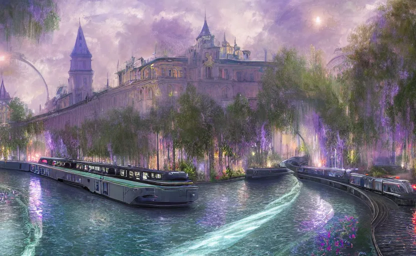 Image similar to An urban train rides inside of a waterway on a fantasy city, next to a fountain and a mystical palace. By Konstantin Razumov, Fractal flame, chiaroscuro, highly detailded