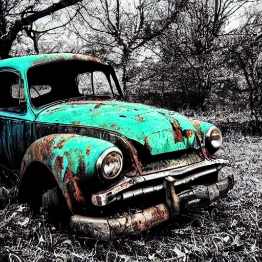 Prompt: broken down rusty old car