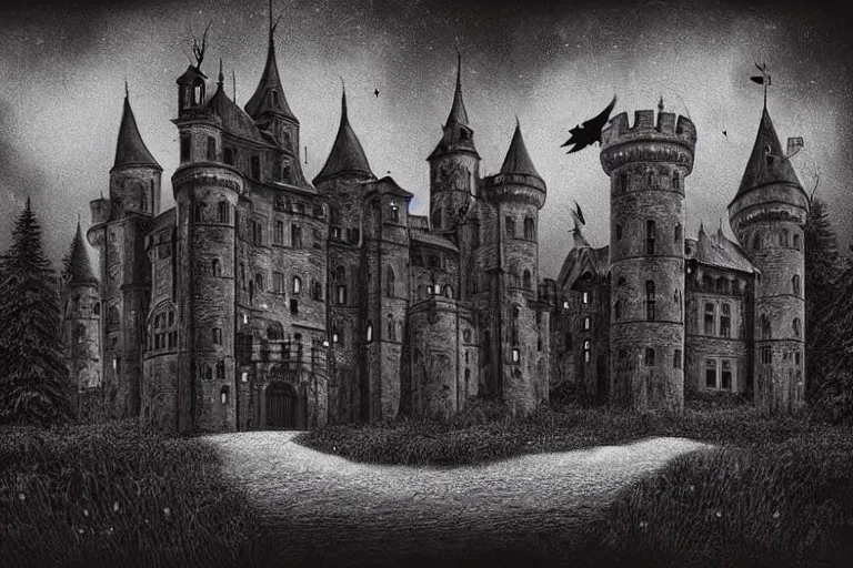 Image similar to european castle in the dark forest, taboo, shimmering seal array, gothic style, little crows circling in the sky in the distance