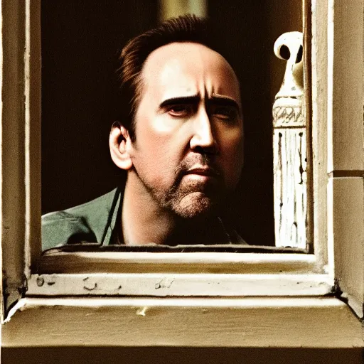 Prompt: nicholas cage as juliet in the window looking down at nicholas cage as romeo, beautiful cature of the stageplay nicholas and nicholas by shakespeare