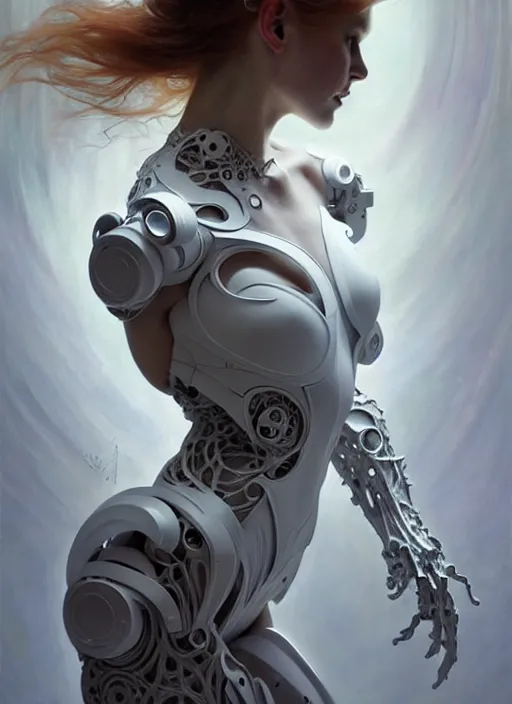 Image similar to organic cyborg, white plastic, diffuse lighting, fantasy, intricate, elegant, highly detailed, lifelike, photorealistic, digital painting, artstation, illustration, concept art, smooth, sharp focus, art by John Collier and Albert Aublet and Krenz Cushart and Artem Demura and Alphonse Mucha