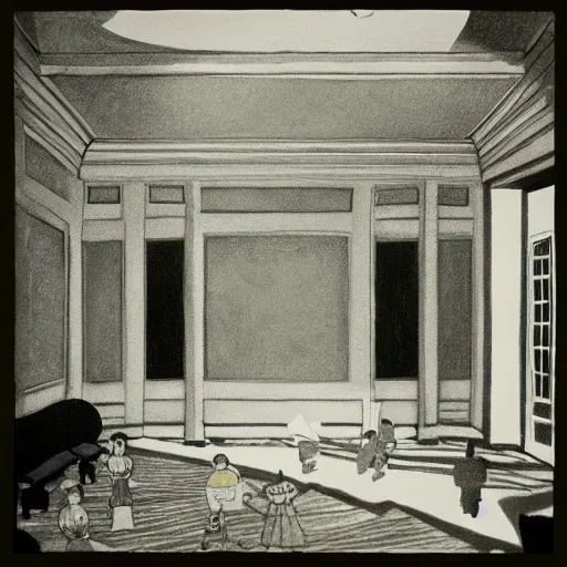 Prompt: “ childs drawing of the overlook hotel ’ s interior ”