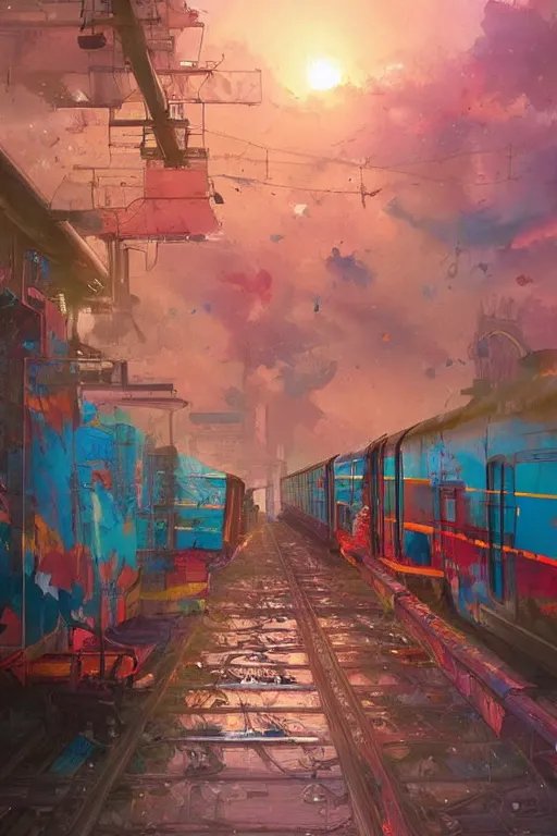 Image similar to trains covered colorful graffiti with paint drip, greg rutkowski, and moebius and loish and artgerm, painterly, illustration, sunset lighting, beautiful artist rendering, gorgeous