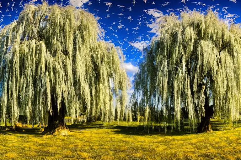 Image similar to A 2000 year old Weeping willow tree, on a center of an amazing spring field, hyperrealistic, hyper detailed, smooth light, birds in the sky, wide angle lens,