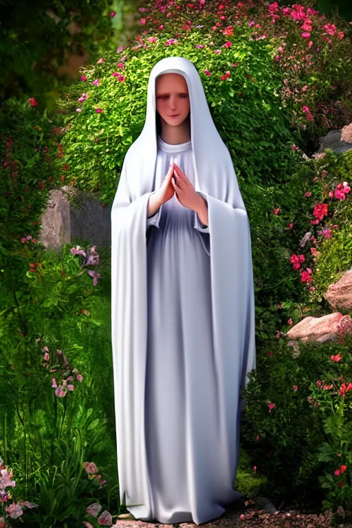 Image similar to a highly detailed and realistic photo of the virgin mary cosplay on a garden, artstation, 4 k, correctly anatomy, good light