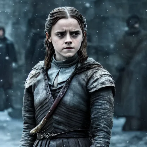 Image similar to emma watson as arya stark in game of thrones, 4 k, epic, cinematic, focus, movie still, fantasy, serious, extreme detail, atmospheric, dark colour, sharp focus