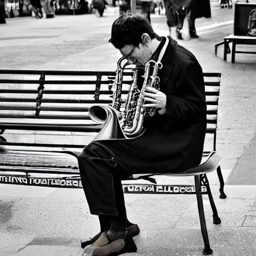 Prompt: A saxophonist played all night over the bag in the black arch. The drunkard was sleeping on a park bench, laying a newspaper sheet. Photo. Good quality.