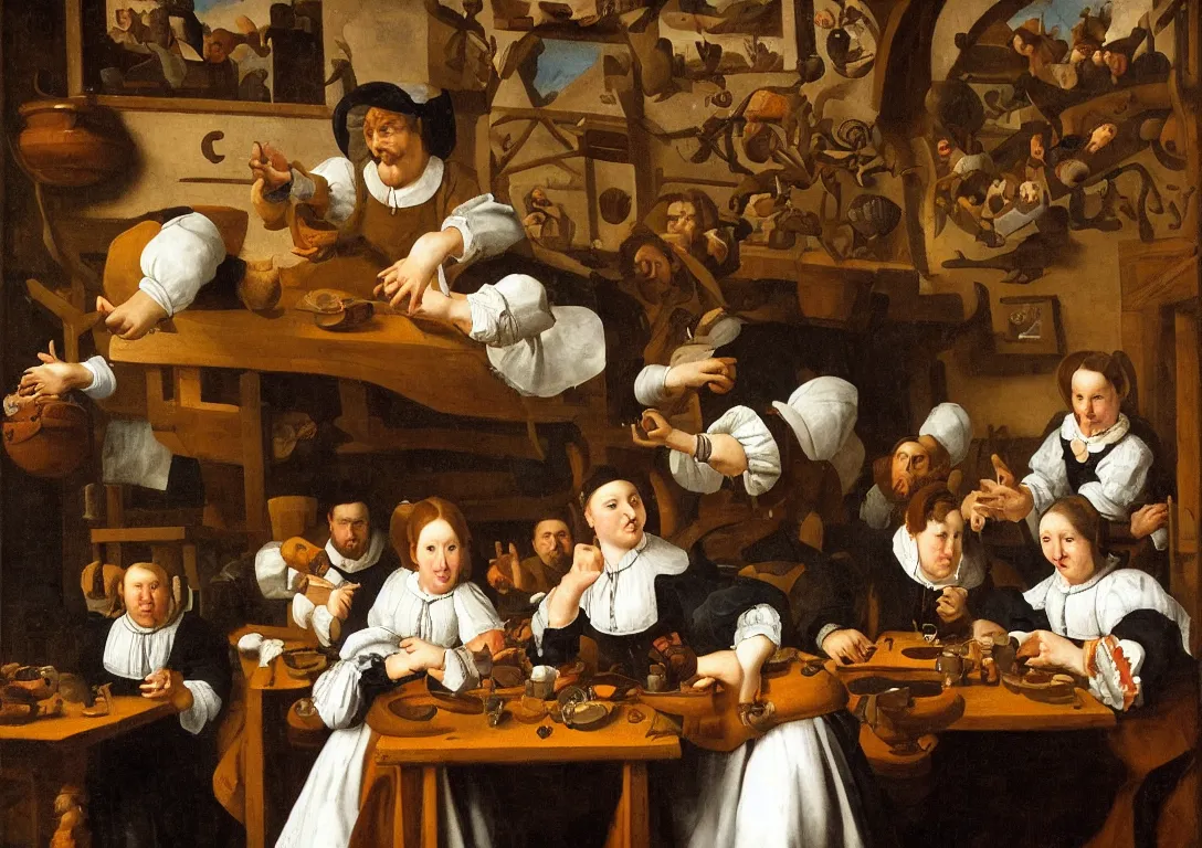 Image similar to Jan Steen. One Beautiful woman symmetric in the center looking at us. Pig, dog, duck, window. Netherlands tavern, low ceiling, small chamber. Hyperrealistic, ultra detailed, 80mm, museum, artwork. Daylight.