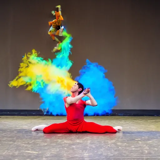 Image similar to acrobatic dance ensemble juggling rainbow fire